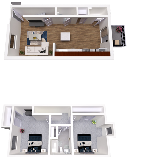 Floor plan for 2 beds, 1.5 baths, 1037 sqft